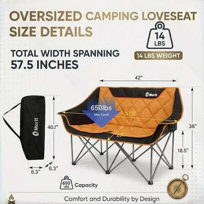 EMERIT Oversized Double Duo Camping Chair Folding Camping Loveseat 2 Person Camping Couch Heavy Duty Lawn Chairs for Outside with Padded Seats & Armrests-Support 650LBS | Heavy Duty 650LB