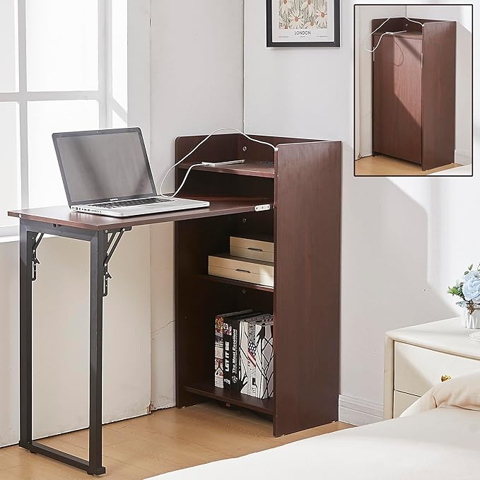 Fold Out Desk with Storage and Built-in Outlet, Mid Century Foldable Desk for Small Spaces, Hidden Folding Table for Home Office or Bedroom (Brown)