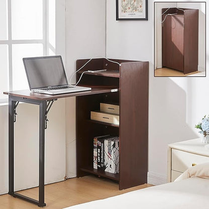 Fold Out Desk with Storage and Built-in Outlet, Mid Century Foldable Desk for Small Spaces, Hidden Folding Table for Home Office or Bedroom (Brown)