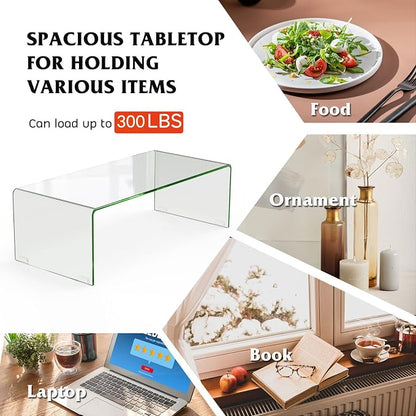 Tangkula Glass Coffee Table, 40"L × 19.5"W ×13.5" H, Modern Home Furniture, 0.5" Clear Tempered Glass End Table, International Occasion Tea Table, Waterfall Table with Rounded Edges (Clear)