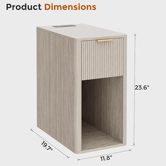 Homleke Narrow End Table with Fluted Drawer and Charging Station, Small Nightstand with USB Ports & Outlets, Bedside Table for Bedroom or Living Room, Modern Accent Table, Light Gray Oak