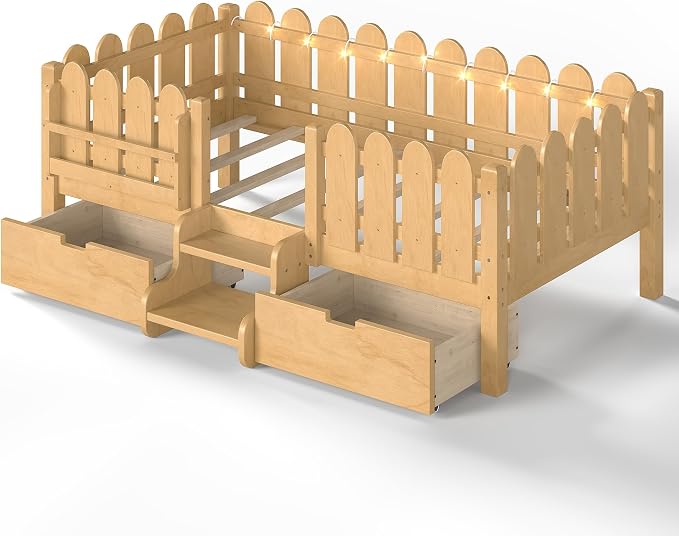 Bellemave Twin Kids Montessori Bed with Stairs, Bookshelf and LED Lights, Solid Wood Kids Bed Frame with Storage Drawers for Boys Girls, Low Profile,Natural