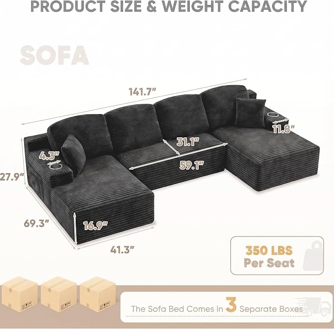 Homall 142" Boneless Couch, Modular Sectional Sofa, No Assembly Required, Memory Foam Filling, Corduroy U-Shaped Sofa, Movable Multi-Person Couch for Living Room (Black)