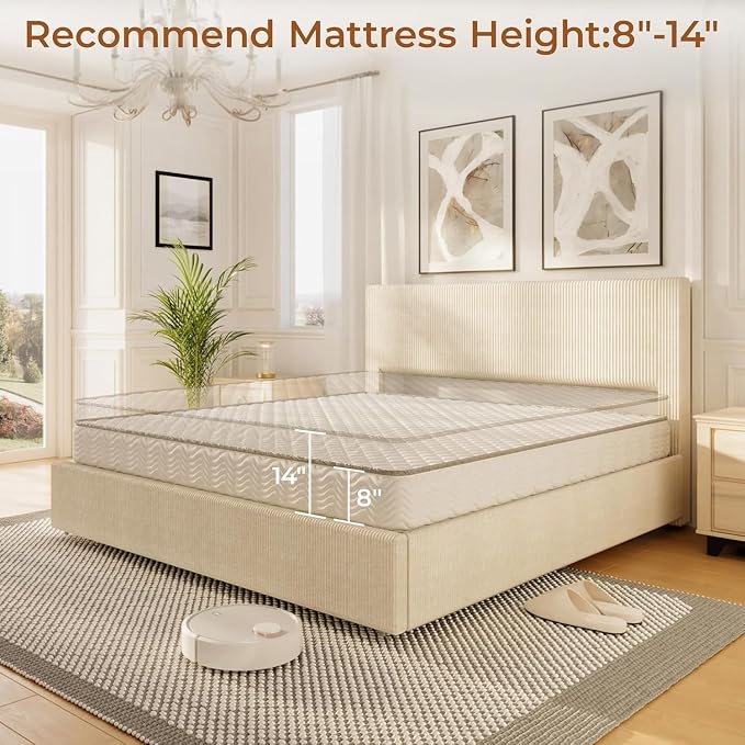 GAOMON Corduroy Full Bed Frame with Headboard, Platform Upholstered Bed Frame with 4 Storage Drawers and Wooden Slats Support, No Box Spring Needed, Beige