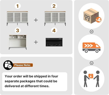BVIUNTWO 95" Farmhouse Buffet Cabinet with Grille Doors, Adjustable Shelves & 6 Doors, Storage Sideboard with Metal Base for Kitchen, Dining & Living Room, Antique White