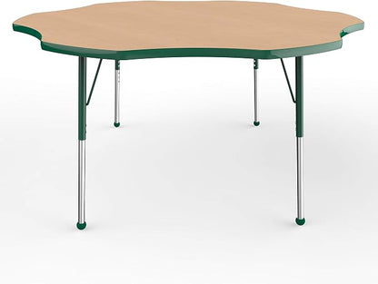 FDP Flower Activity School and Office Table (60 inch), Standard Legs with Ball Glides for Collaborative Seating Environments, Adjustable Height 19-30 inches - Maple Top and Green Edge