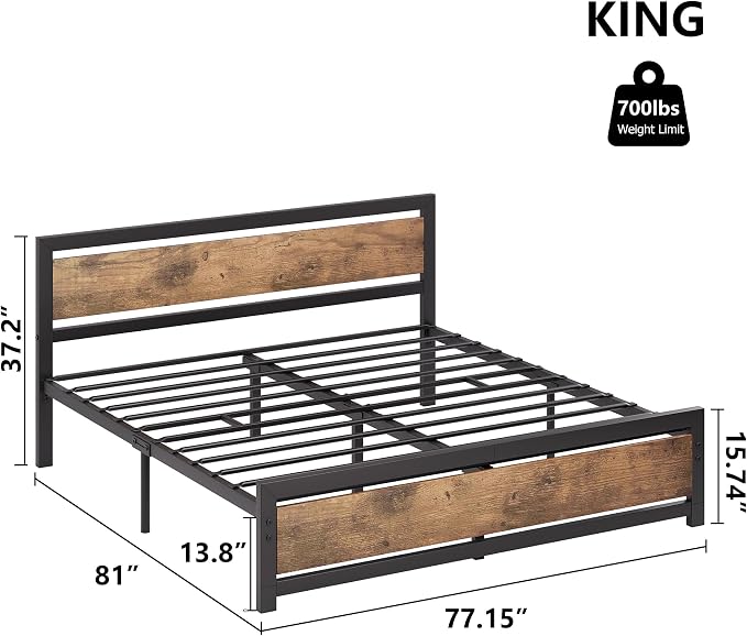 IDEALHOUSE King Size Bed Frame with Wooden Headboard and Footboard, Industrial King Bed Platform, No Box Spring Needed, Noise-Free, 13.8" Under Bed Storage, Easy Assembly