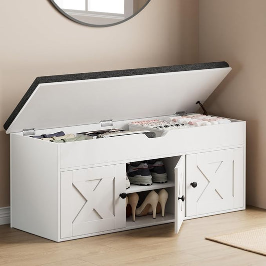 Homleke Shoe Storage Bench with Lift Top & 3 Barn Doors, Entryway Bench with Removable Cushion, Adjustable Shelf, Hidden Storage Cabinet for Hallway, Living Room, Bedroom - White