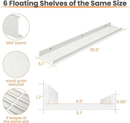 upsimples Floating Shelves for Wall, 35.5 Inch Shelves for Decor Storage Set of 6, Wall Mounted Wood Shelf for Bedroom, Living Room, Bathroom, Kitchen, Long Picture Ledge Shelves, White