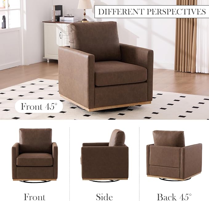 Aoiy & Wifon 30.7" W Swivel Accent Chair, Mid Century Modern Swivel Chair for Living Room, Comfy Small Accent Chair, PU Leather, Coffee
