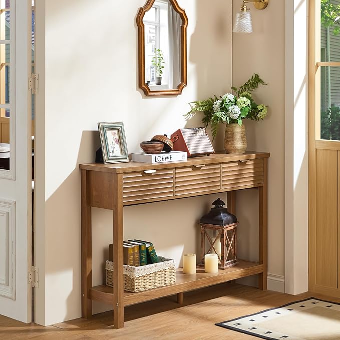 LEYAOYAO Fluted 47.2" Console Table with 3 Drawers, Modern Wood 2 Tier Entryway Table with Open Storage Shelf, Boho Sofa Entry Tables Behind Couch for Living Room, Hallway, Entrance Foyer, Tea Brown
