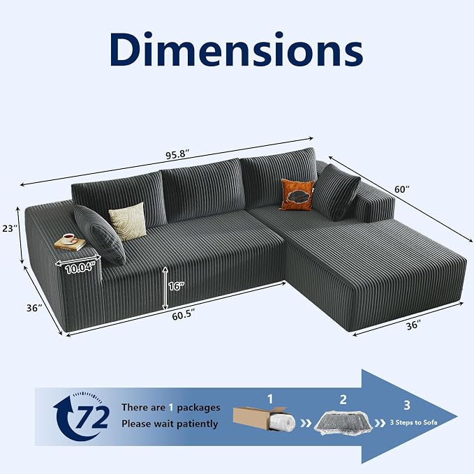 96" Modular Sectional Sofa, Modern Corduroy Cloud Couch with Deep Seat, Boneless Couch Upholstered 3-Seater L-Shaped Sofa for Living Room, No Assembly Required (Dark Grey, Right-Facing Chaise)