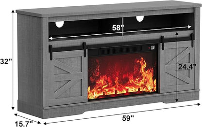 JUMMICO Fireplace TV Stand for 65+ Inch TV with 26'' Fireplace Entertainment Center with Storage Cabinet and Adjustable Shelves Media Console with Sliding Barn Door for Living Room (Pale Gray)