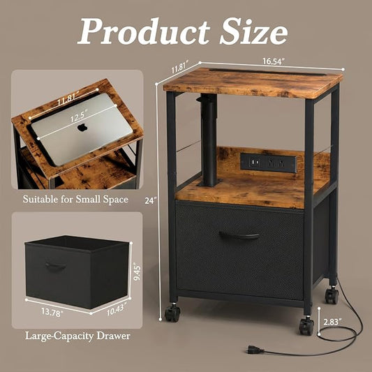 Faesun Swivel Lift Top Nightstand with Charging Station, Rolling Side Table for Recliner, Bedside Table with Wheels & a Fabric Drawer, for Small Spaces, for Bedroom, Living Room, Brown Black