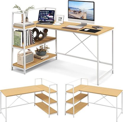 Tangkula Reversible L-Shaped Computer Desk, Space Saving Corner Desk with 3-Tier Storage Shelves & Metal Frame, Modern Executive Home Office Desk, PC Laptop Desk Workstation for Small Space (Natural)