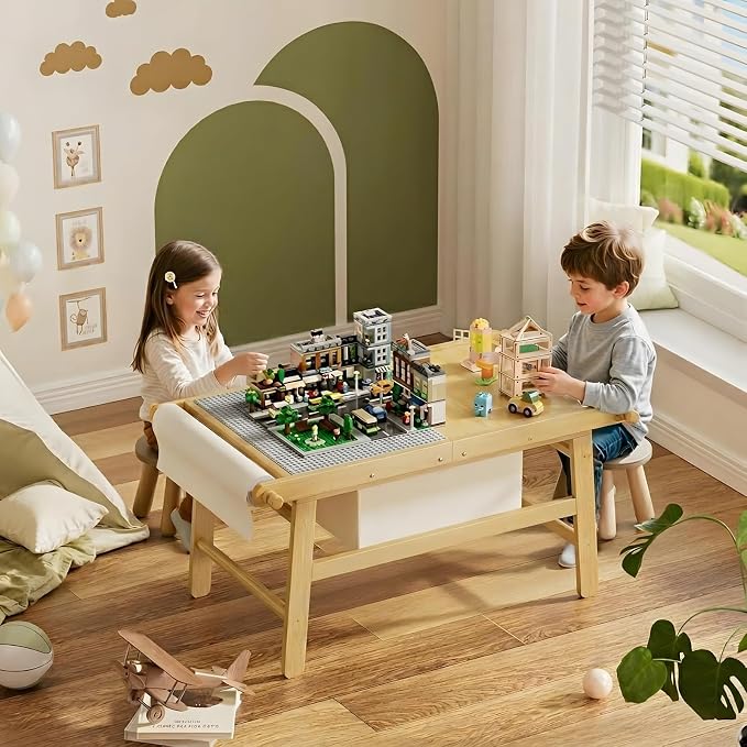 Kids Train Table with Storage, 5 in 1 Bamboo Activity Table for Building Blocks, Wooden Play Desk for Toddlers Ages 3-10, Multi-Functional Kids Table for Art, Drawing, Learning and Dining