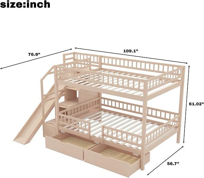 Full Over Full Bunk Bed with Slide and Staircase