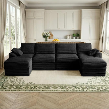 142" Modular U-Shaped Sectional Sofa with Storage, 4-Seat Corduroy Boneless Couch, 27" Deep Seat Cloud Couch & 2 Movable Ottoman, Tool-Free Assembly, Couch for Living Room, Black