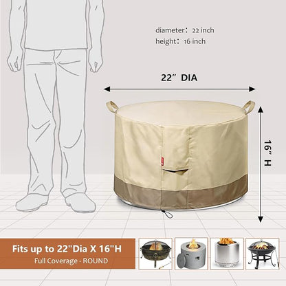 SheeChung Fire Pit Cover Round 22" D x 16" H,Waterproof 600D Material,Beige | Fits Solo Stove Bonfire,PVC Inner Coating,Heavy Duty Outdoor Fire Pit Cover,Tear & Fade Resistant,Fits 18"-22" Gas Fire Pit