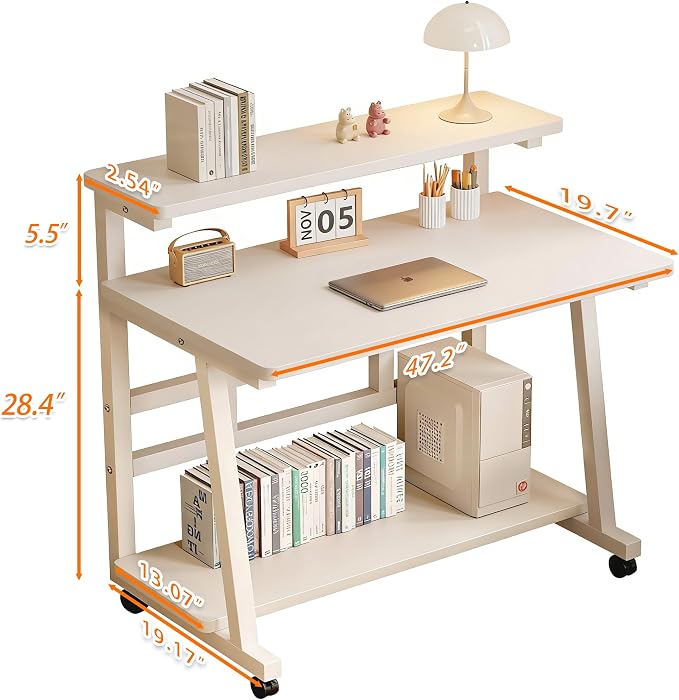 Rolling Computer Desk, 47.2 Inch Small Desks For Small Space, Portable Small Computer Desk with Monitor Stand & 3-Tier Storage, Portable Desk on Wheels for Writing, Home Office, Small Desk for Bedroom