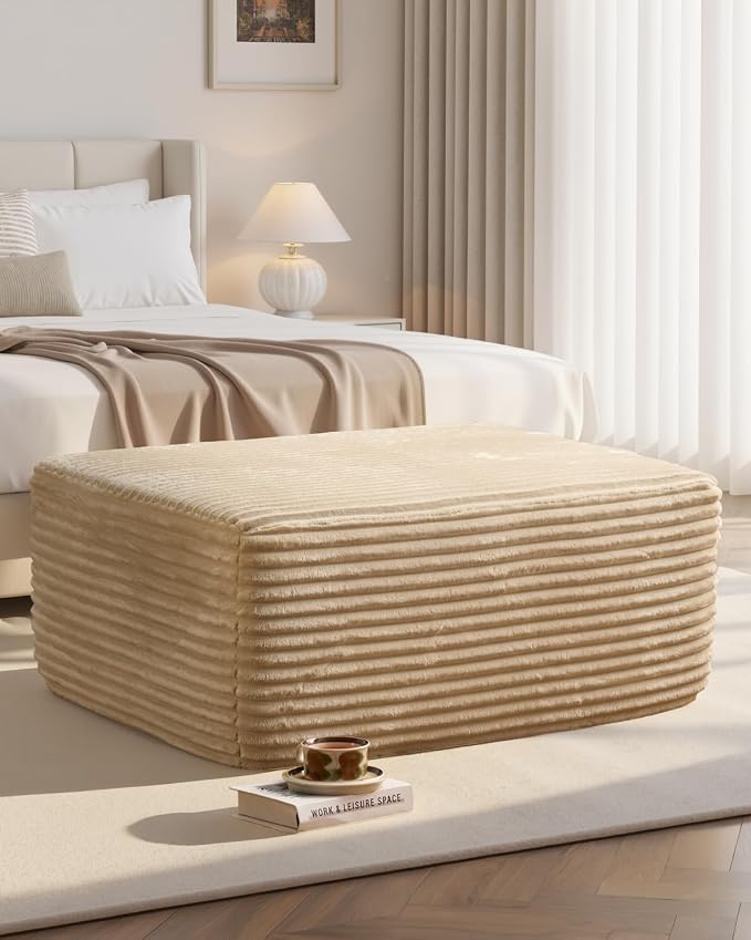 37" Plush Boneless Ottoman, Upholstered Cloud Footrest for Boneless Couch in a Box,Oversize Poufs for Living Room & Bedroom Sofa Ottoman,Comfy Seating with Dense Foam, Beige (Plush Corduroy Fabric)