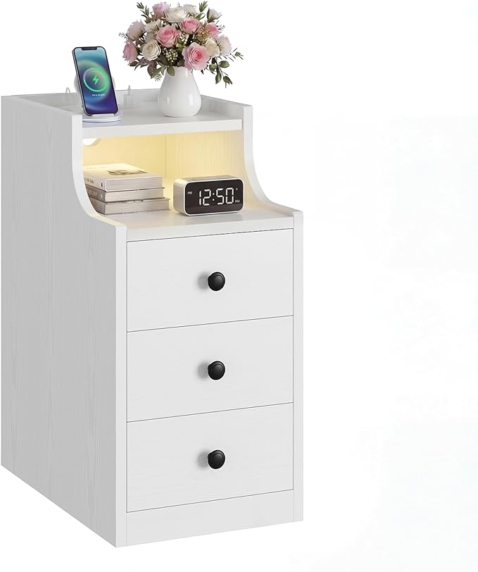 LIKIMIO Narrow Nightstand with Charging Station and LED Lights, Modern Night Stand, End Table with 3 Drawers, Open Shelf, Side Table for Living Room/Bedroom, White