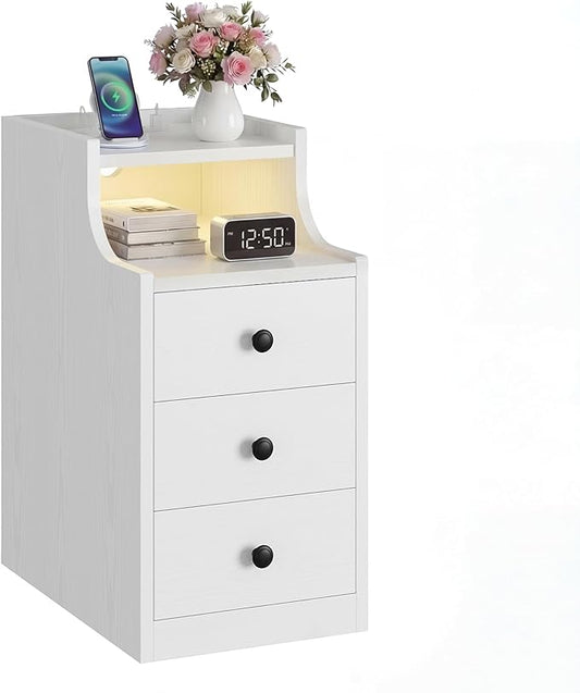 LIKIMIO Narrow Nightstand with Charging Station and LED Lights, Modern Night Stand, End Table with 3 Drawers, Open Shelf, Side Table for Living Room/Bedroom, White