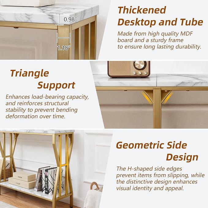HOMISSUE Sofa Console Table, 63" Extra Long Sofa Table with 2-Tier Storage, Industrial Narrow Console Tables Behind Couch, Hallway Table for Entryway, Living Room，Gold