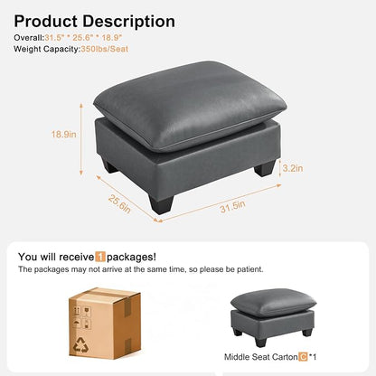 31.5" Faux Leather Large Square Ottoman, Oversized Upholstered Footrest for Living Room, Bedroom, Entryway, Grey