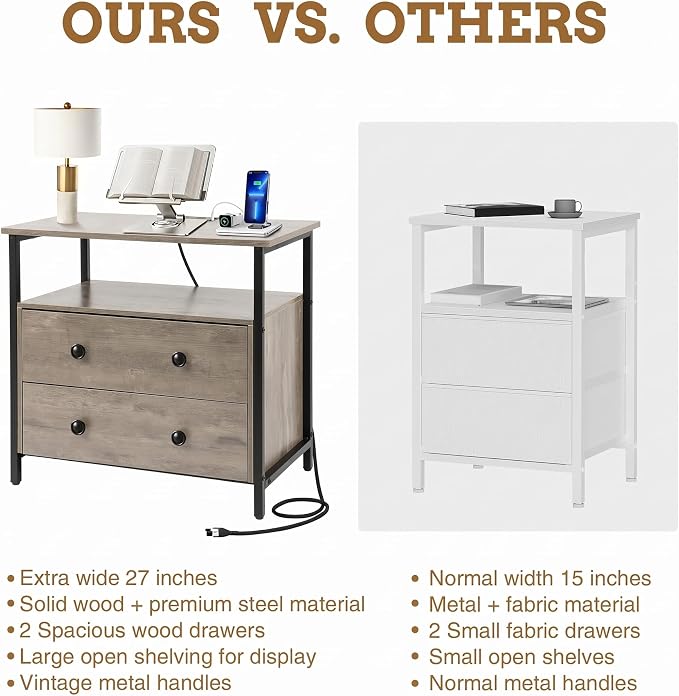 Edbuosy 27 inch Wide Night Stand with Charging Station, Bedside Table with Open Shelf, 2 Drawers Small Wood Dresser, Modern Wood Nightstand for Bedroom/Living Room, Rustic Gray