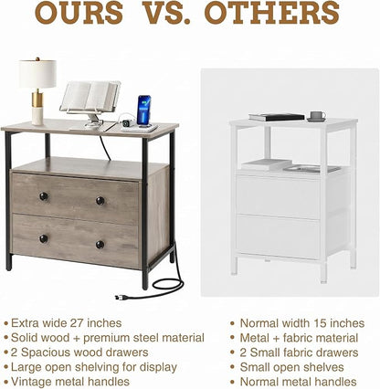Edbuosy 27 inch Wide Night Stand with Charging Station, Bedside Table with Open Shelf, 2 Drawers Small Wood Dresser, Modern Wood Nightstand for Bedroom/Living Room, Rustic Gray