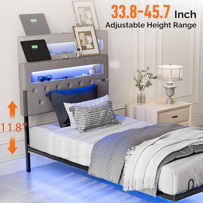 VINGLI Twin Floating Bed Frame with Headboard Heavy Duty Metal Frame, Storage Shelf, LED Lights Charging Station, Modern Platform Bed, Adjustable Headboard, No Box Spring Needed, Grey