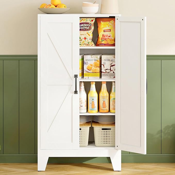 RAVIGIN Farmhouse Storage Cabinet,47" H Metal Pantry Cabinet with Barn Doors and Adjustable Shelves,47" H 4-Tier Rustic Pantry Organizers for Kitchen,Dining Room,White