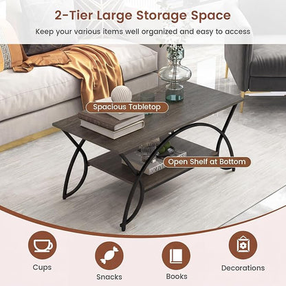 Giantex 2-Tier Coffee Table with Storage, 39.5" Wood Center Table with Open Storage Shelf & Black Finished Metal Frame, Industrial Living Room Table for Small Spaces (Grey Oak)