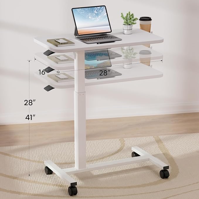 GTPLAYER Small Standing Desk with Lockable Wheels, Pneumatic Mobile Rolling Laptop Desk,Adjustable Height Overbed Bedside Table Computer Workstation for Home Office (28" W x 16" D, White)