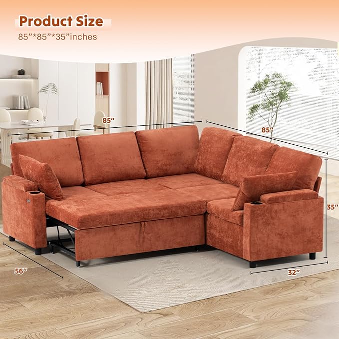 85" Chenille Sectional Sofa w/Pull Out Bed & Storage Space, Orange | Upholstery L Shaped Couch w/Cup Holders, Modern Corner Sofa w/USB Charging Port & Throw Pillow for Living Room