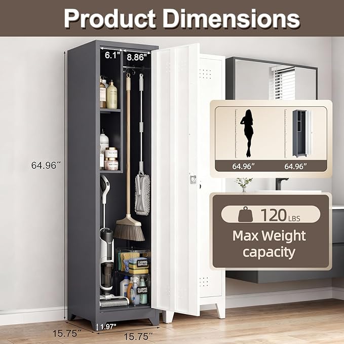 65" H Slim Broom Storage Cabinets, Utility Cabinet for Brooms and Mops, Steel Cleaning Tool Cabinet with Hanging Rod & S-Hooks for Bathroom, Garage