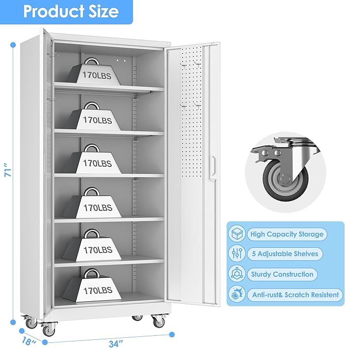 Reemoon 71" Tall Metal Garage Storage Cabinet with Wheels and Pegboard, Rolling Steel Cabinet with 5 Adjustable Shelves and Locking Doors for Garage Home Office Storage, White, Assembly Required