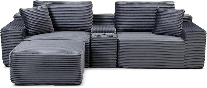 ivoros 111 Inch Modular Sectional Sofa Couch, Oversized Modern Cloud Couch for Living Room, L Shape Couches with Ottomans, USB Ports and Cup Holders, Grey Corduroy Boneless Sofas, Sofa in a Box