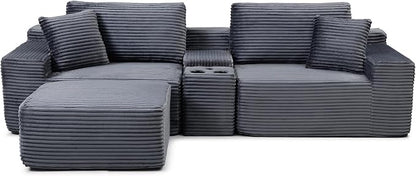 ivoros 111 Inch Modular Sectional Sofa Couch, Oversized Modern Cloud Couch for Living Room, L Shape Couches with Ottomans, USB Ports and Cup Holders, Grey Corduroy Boneless Sofas, Sofa in a Box