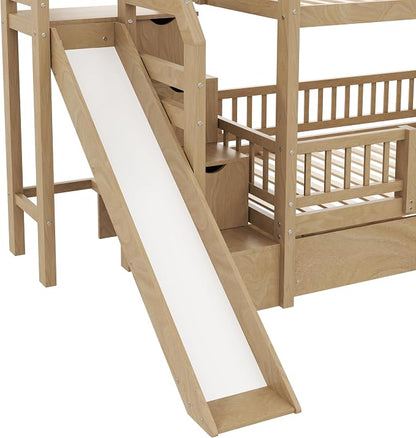 Twin Over Twin Bunk Bed with Storage Staircase, Slide and 2 Drawers,for Kids Teens Adults (Walnut#Slide, Twin Over Twin)