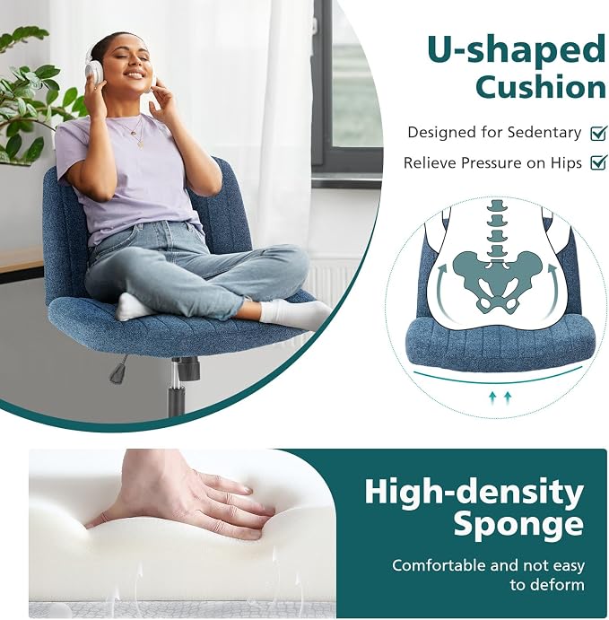 OLIXIS Criss Cross Chair with Wheels Wide Cross Legged Office Desk Vanity Chair Comfy Fabric Armless Height Adjustable Swivel for Home Computer Task Blue