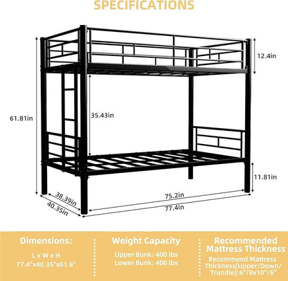 Metal Twin Over Twin Bunk Bed, Heavy-Duty Metal Bunk Bed, Noise Reduced Design/Safety Guardrail/2 Side Ladders/No Box Spring Needed (Black)