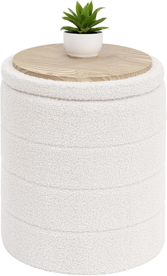 B FSOBEIIALEO Ottoman with Stroage, Round Sherpa Storage Ottoman Stool, Boucle Foot Rest 14.6"x14.6"x17.7"（White