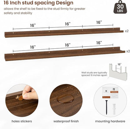 Axeman Picture Ledge Shelf | 55 Inch Walnut Floating Shelves Set of 4 | Rustic Wood Wall Shelves with Lip | 55" Walnut Picture Shelves for Wall with Ledge | Photo Shelves