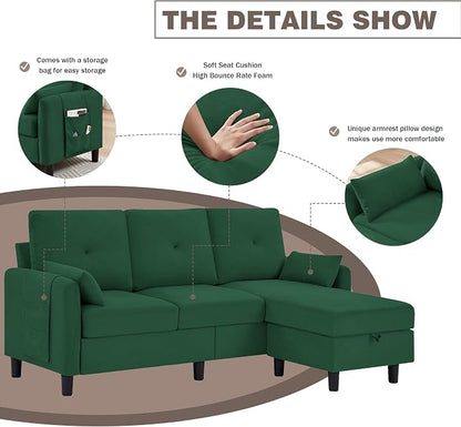 Convertible L-Shaped Sectional Sofa, 3-Seat Sofa Couches with Storage Ottoman & 2 Pillows and Side Storage Pockage, Small Modern Couch for Living Room, Apartment and Office, Green