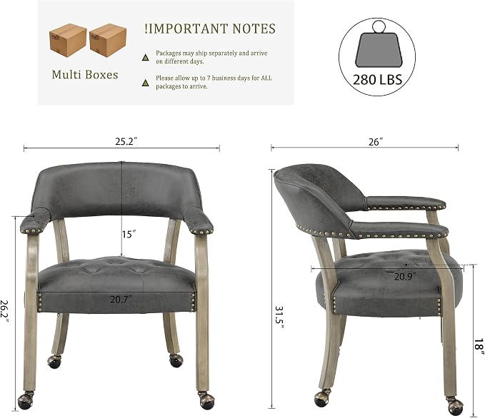 LEEMTORIG Set of 4 Dining Chairs with Casters and Arms, Rolling Dining Chairs with Wheels for Elderly, Ergonomic Wide Seat Wooden Office Desk Chair, 26"Dx25.2"W, Grey Legs&Dark Grey Fabric SY-1318-GY