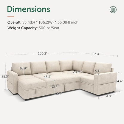 HONBAY Modular Sectional Sleeper Sofa with Pull Out Bed, U Shaped Sectional Couch with Storage Ottoman, Sleeper Sectional Couches for Living Room, Beige