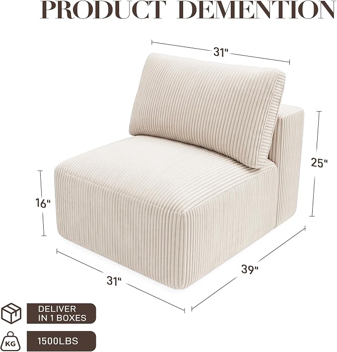 Modular Sectional Sofa Extension, Armless Memory Foam Cloud Chair, 31" Boneless Corduroy Upholstered Single Seat, No Assembly Required Accent Chair for Living Room Apartment Home Decor, Beige