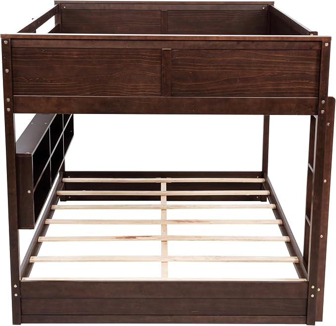 RUNNA Unique Queen Over Queen Bunk Bed with Storage&Charging Station,Brwon | Queen Over Queen Bunk Bed with Storage&Charging Station,Space-Saving Design Solid Wood Bunk Bed for Adults/Teens